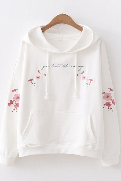 Girls Simple Chic Letter Floral Embroidery Long Sleeve Casual Pullover Hoodie