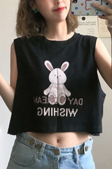 Girls Summer Cute Cartoon Rabbit Doll Print Round Neck Sleeveless Crop Tank Top