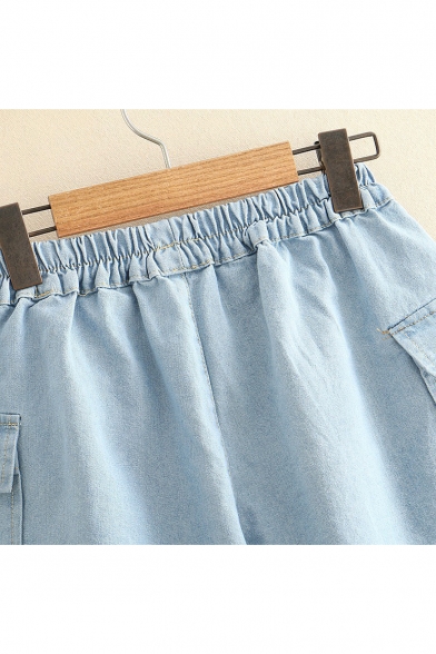 Girls Summer Simple Solid Color Elastic Waist Flap Pocket Side Loose Casual Denim Shorts