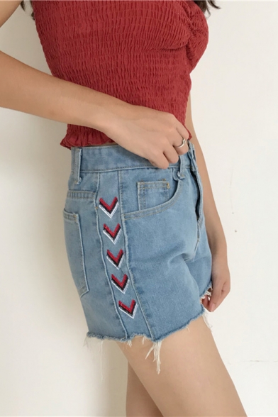 Girls Summer Unique Simple Embroidery Side Raw Hem High Rise Light Blue Denim Shorts