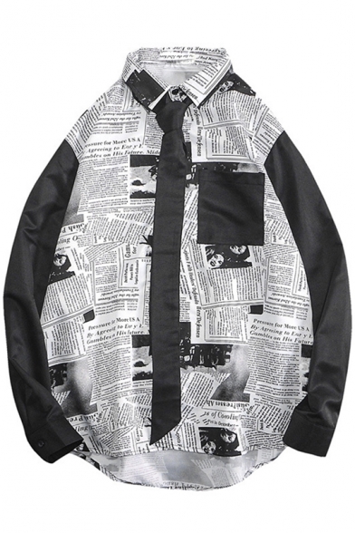 Guys Cool Vintage Black and White Newspaper Print Long Sleeve Loose Fitted Button Shirt