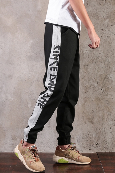 Guys New Fashion Colorblock Patched Side Letter Printed Drawstring Waist Casual Cotton Tapered Pants