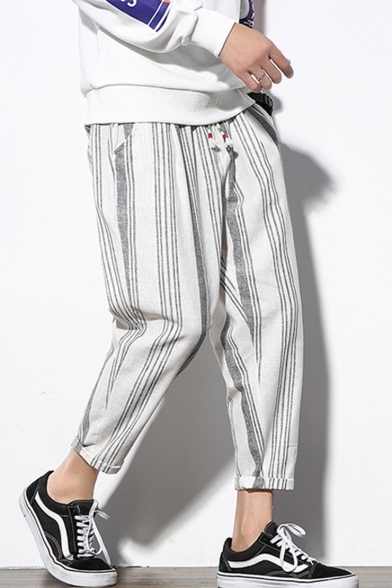 Guys New Fashion Retro Stripe Pattern Drawstring Waist Casual Loose Tapered Pants
