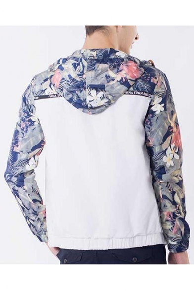 Guys Popular Floral Leaf Patched Long Sleeve Hooded Zip Up Sport Loose Track Jacket