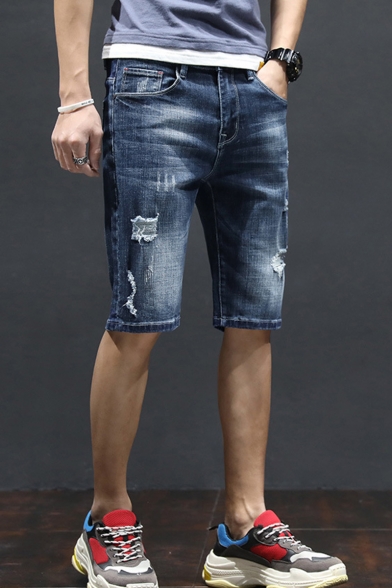 Guys Summer Trendy Letter Patchwork Vintage Washed Slim Fit Blue Denim Shorts