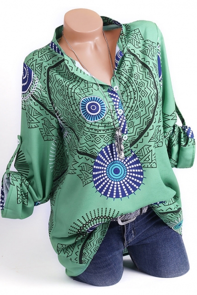 Hot Popular Fashion Tribal Printed Button Front Long Sleeve Casual Loose Shirt Blouse