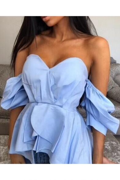 Hot Trendy Womens Plain Off the Shoulder V-Neck Puff Sleeve Blue Ruffled Blouse Top