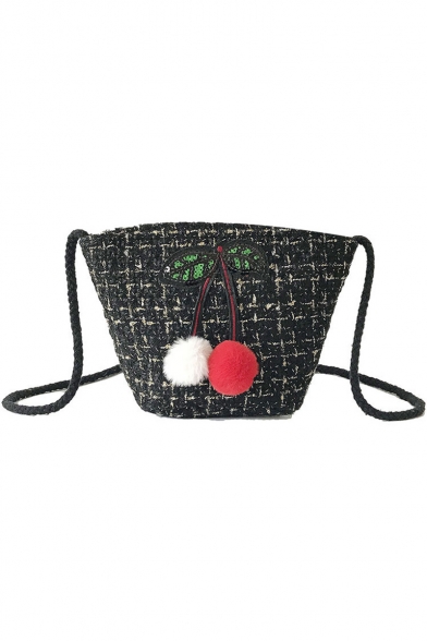 Lovely Cherry Pattern Colored Plush Ball Sequin Embellishment Hairy Crossbody Bucket Bag 14*15*8 CM