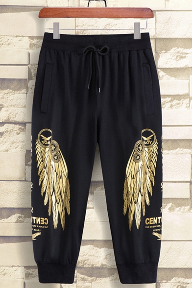 Men's Cool Fashion Eagle Wings Letter Printed Drawstring Waist Black Cotton Sports Sweatpants
