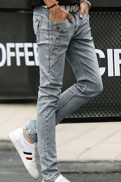 Men's Fashion Basic Plain Button Embellished Zip-fly Slim Fit Casual Jeans