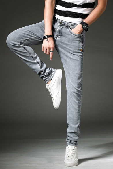Men's Fashion Light Washed Simple Plain Zip-fly Slim Fit Grey Casual Jeans