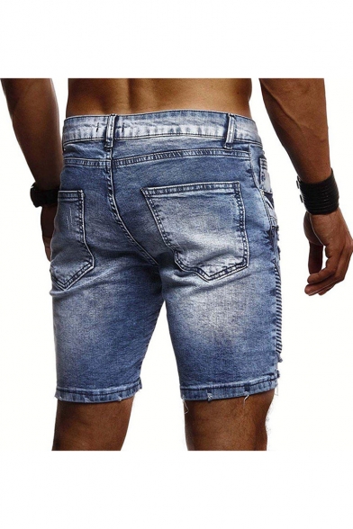 Men's Fashion Vintage Washed Pleated Ripped Detail Denim Shorts