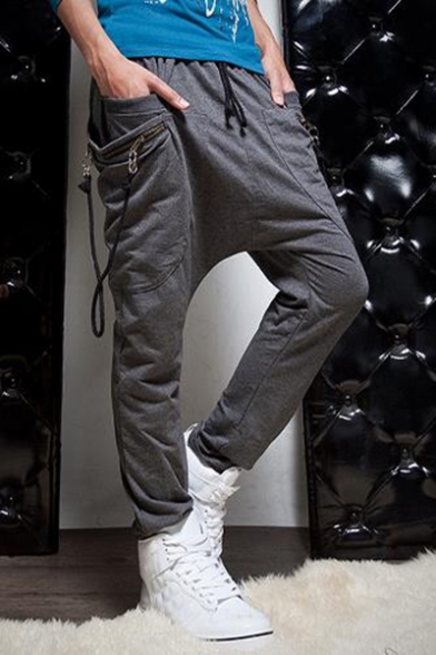 Men's Fashion Zipper Ribbon Embellishment Drop-Crotch Drawstring Waist Plain Cotton Joggers Harem Pants