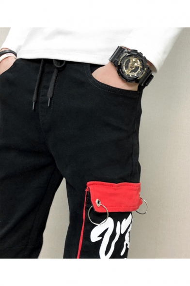 Men's Hip Pop Style Letter UK FKBSON Printed Ring Embellished Flap Pocket Side Drawstring Waist Black Casual Ripped Cargo Pants