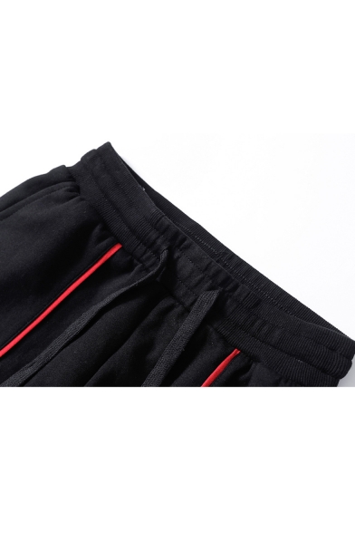 Men's New Fashion Contrast Cinch Strap Drawstring Waist Cotton Black Sweatpants