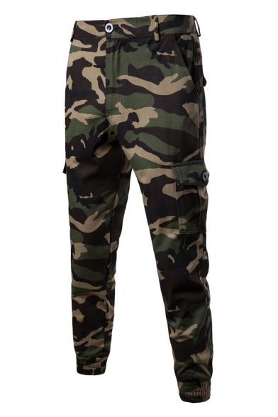 Men's New Fashion Cool Camouflage Printed Army Green Casual Pencil Pants Multi-pocket Cargo Pants