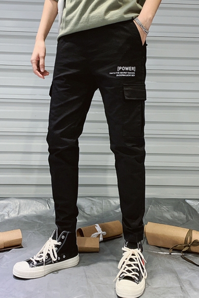 Men's New Fashion Letter POWER Printed Flap Pocket Side Casual Cotton Cargo Pants