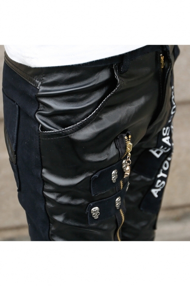 Men's New Fashion Letter Ribbon Rivet Zipper Embellished Black Slim Leather Pants