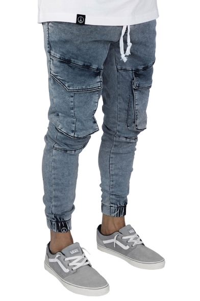 Men's New Fashion Solid Color Double Flap Pocket Front Drawstring Waist Elastic Cuffs Stretch Slim Fit Blue Jeans