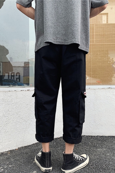 Men's New Fashion Solid Color Flap Pocket Rolled Cuffs Cropped Straight Loose Cargo Pants