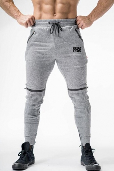 Men's New Stylish Logo Printed Knee Pleated Zipper Embellished Drawstring Waist Sweatpants Casual Pencil Pants