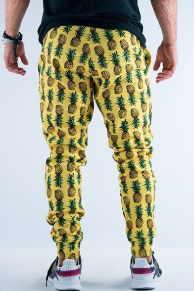 Men's New Stylish Pineapple All-over Printed Hawaiian Style Drawstring Waist Casual Cotton Pencil Pants