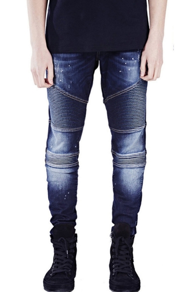 Men's Personalized Fashion Pleated Design Dark Blue Biker Jeans