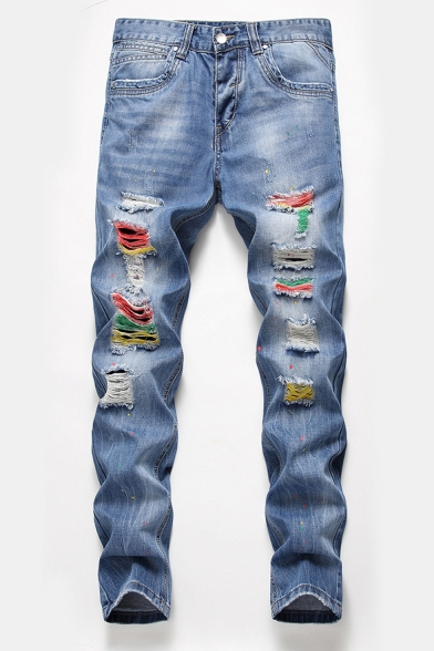 Men's Popular Fashion Colored Paint Point Printed Light Blue Ripped Jeans