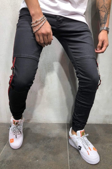 Men's Popular Fashion Contrast Stripe Side Elastic Cuffs Black Stretch Slim Fit Jeans