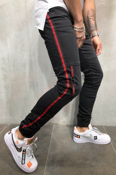 Men's Popular Fashion Contrast Stripe Side Elastic Cuffs Black Stretch Slim Fit Jeans