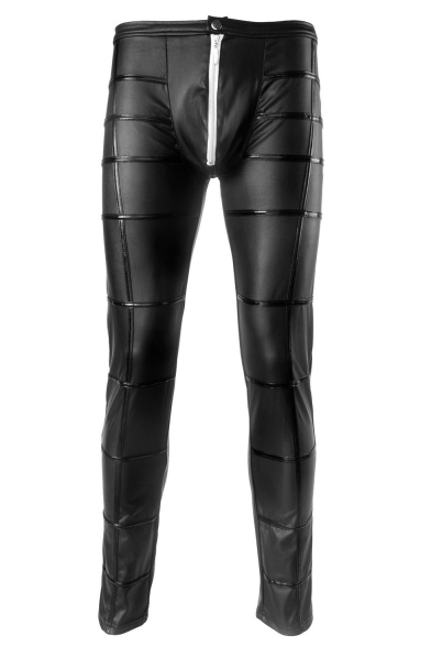 Men's Sexy Fashion Solid Color Zip-fly Black Skinny Leather Pants