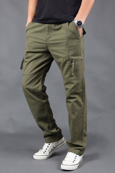 Men's Simple Fashion Solid Color Cotton Casual Straight Cargo Pants with Zipped Pocket