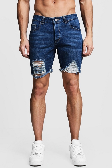 Men's Simple Plain Trendy Destroyed Ripped Detail Blue Casual Jeans Denim Shorts