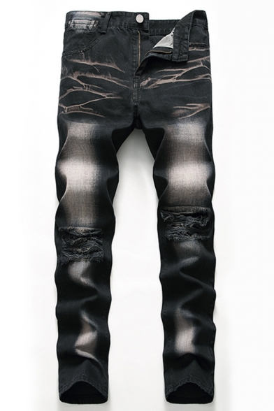 Men's Stylish Cool Washed Stretch Regular Fit Black Distressed Ripped Jeans