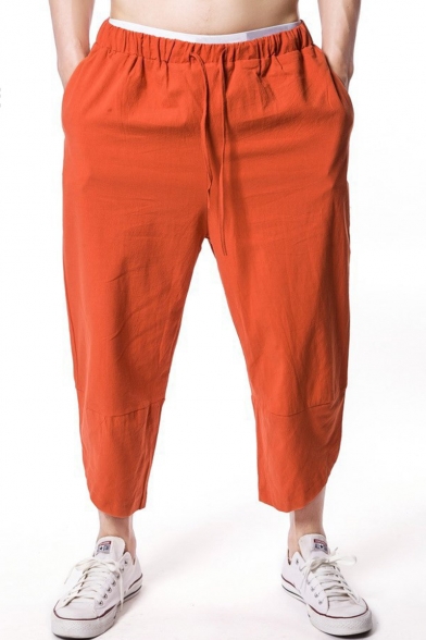 Men's Summer Fashion Simple Plain Drawstring Waist Loose Fit Cotton Linen Tapered Pants