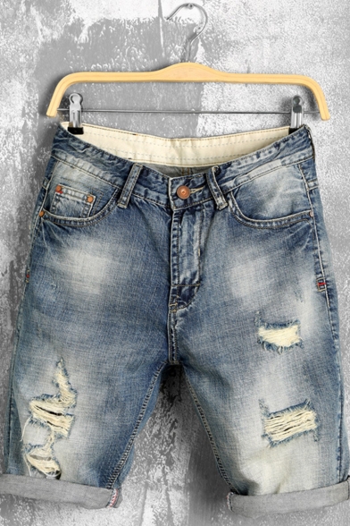 Men's Summer Stylish Vintage Washed Rolled Cuffs Ripped Detail Blue Zip-fly Denim Shorts