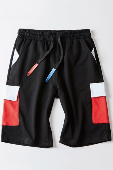 Men's Summer Trendy Colorblock Flap Pocket Design Drawstring Waist Casual Loose Sweat Shorts