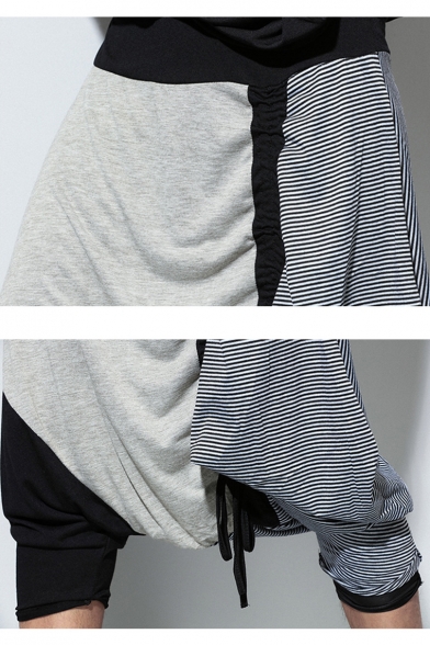 Men's Trendy Color Block Pinstripe Printed Drawstring Design Drop-Crotch Grey Cotton Joggers Harem Pants