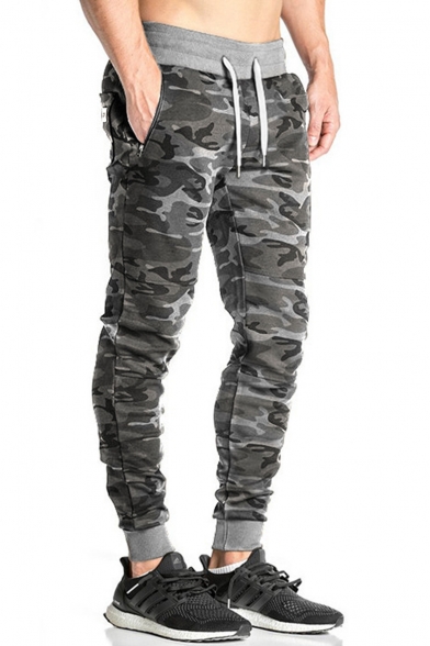Men's Trendy Cool Camouflage Printed Drawstring Waist Grey Cotton Casual Sports Sweatpants