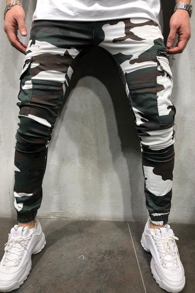 Men's Trendy Cool Camouflage Printed Zipper Embellished Flap Pocket Side Elastic Cuffs Casual Skinny Pencil Pants