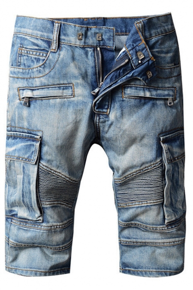 Men's Vintage Style Fashion Pleated Crumple Zipper Embellishment Flap Pocket Side Light Blue Jeans Denim Shorts
