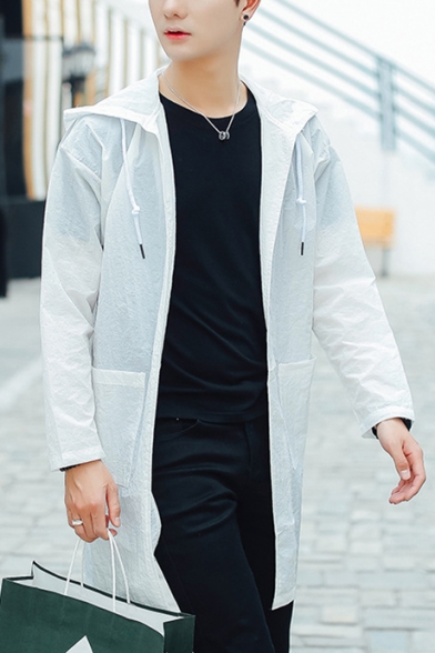 Mens New Trendy Simple Plain Long Sleeve Outdoor Sun Protection Zip Up Hooded Longline Skin Jacket Coat