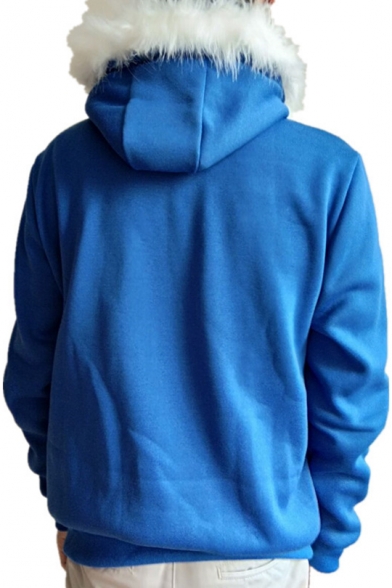 Mens Popular Blue Long Sleeve Zip Up Fur-Trimmed Comic Hoodie