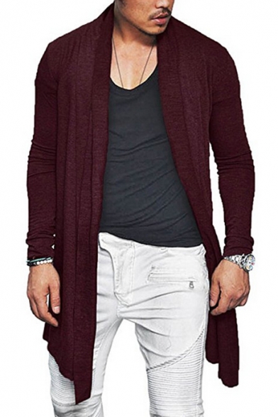 Mens Simple Plain Long Sleeve Open Front Slim Fitted Longline Cardigan Coat