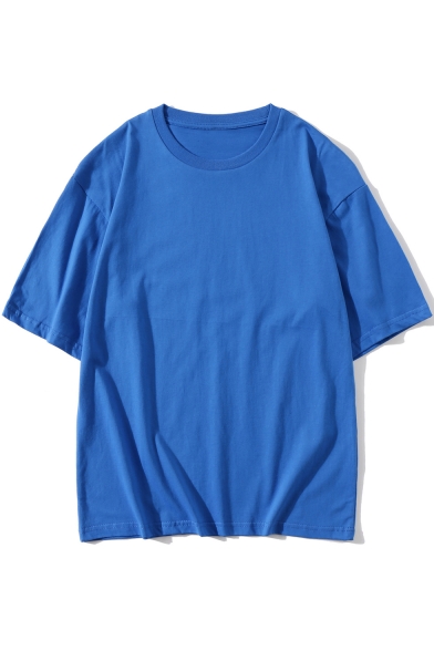 Mens Simple Plain Round Neck Dropped Shoulder Cotton Loose Tee -  Beautifulhalo.com