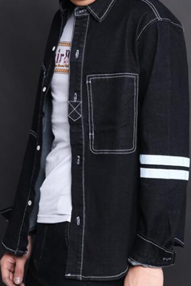 Mens Simple Stripe Long Sleeve Contrast Piping Casual Black Work Denim Jacket