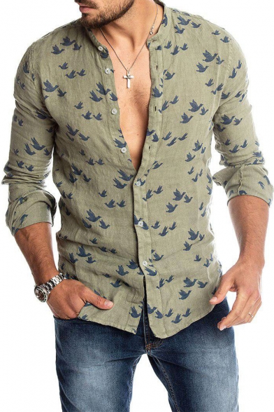 Mens Trendy Allover Bird Print Stand Collar Long Sleeve Button Front White Slim Linen Shirt
