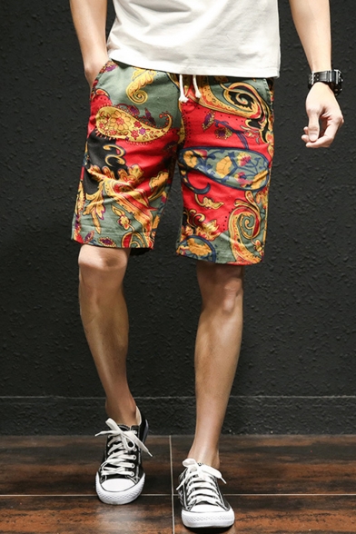 National Style Printed Drawstring Waist Cotton and Liner Casual Shorts