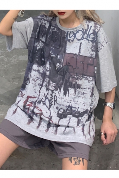 New Arrival Summer Graffiti Printed Round Neck 1/2 Sleeve Oversize T-Shirts