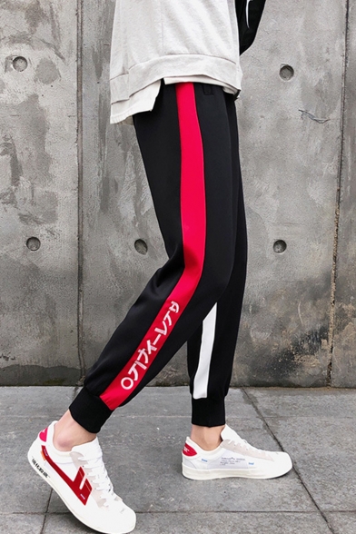 New Fashion Colorblock Stripe Side Letter Printed Relaxed Fit Men's Black Casual Tapered Pants